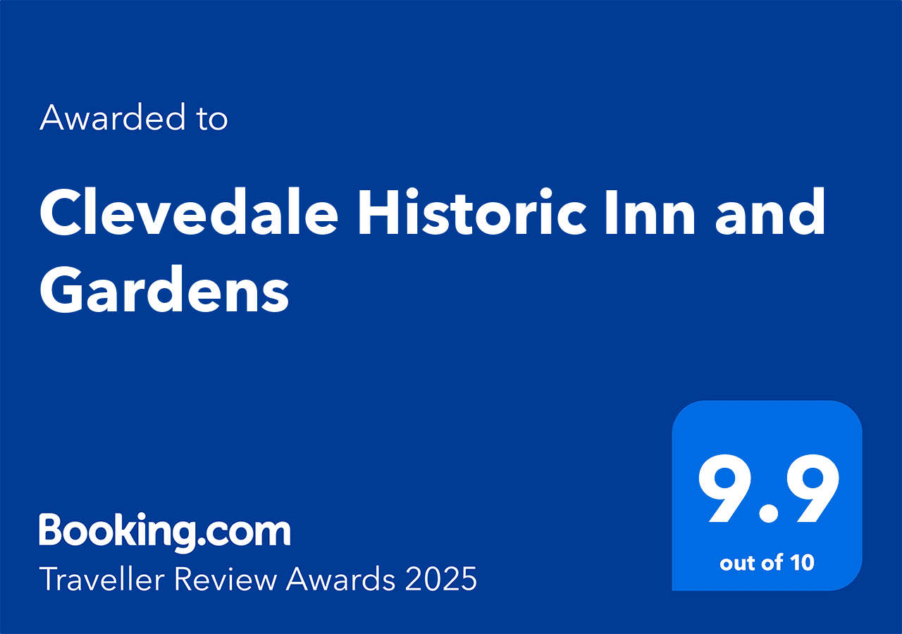 The Booking.com Traveller Review Awards 2025 badge, displaying a rating of 9.9 out of 10, awarded to Clevedale Historic Inn and Gardens.
