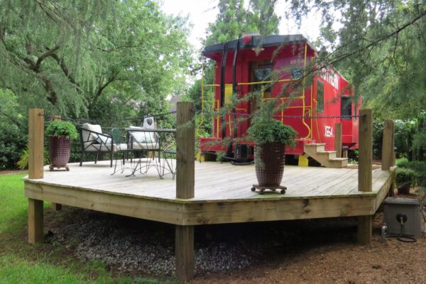 View of the Mack Rail Cabin Car Outdoor Deck.